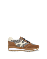 Veronica Beard Brown houndstooth suede running sneaker with laces.
