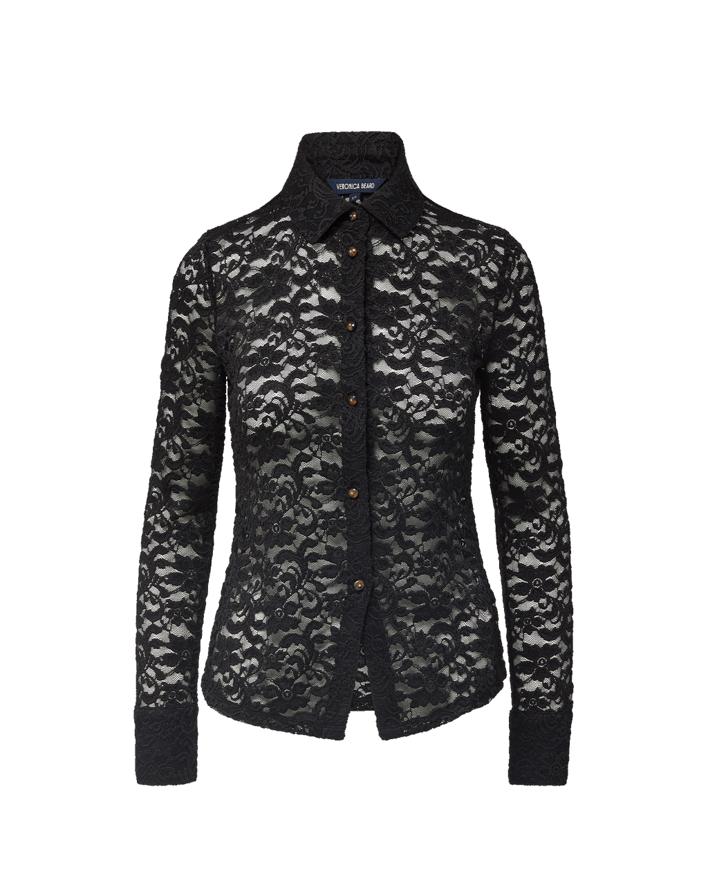 Veronica Beard Black lace button-down shirt with collar.
