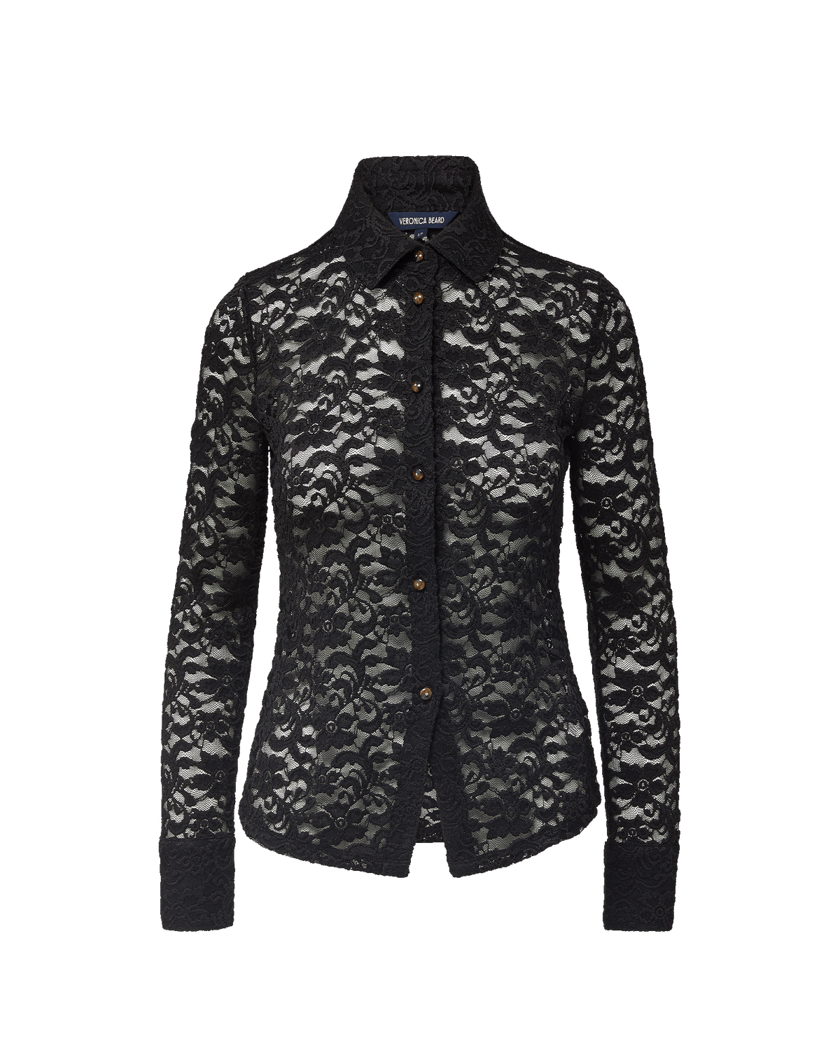 Veronica Beard Black lace button-down shirt with collar.