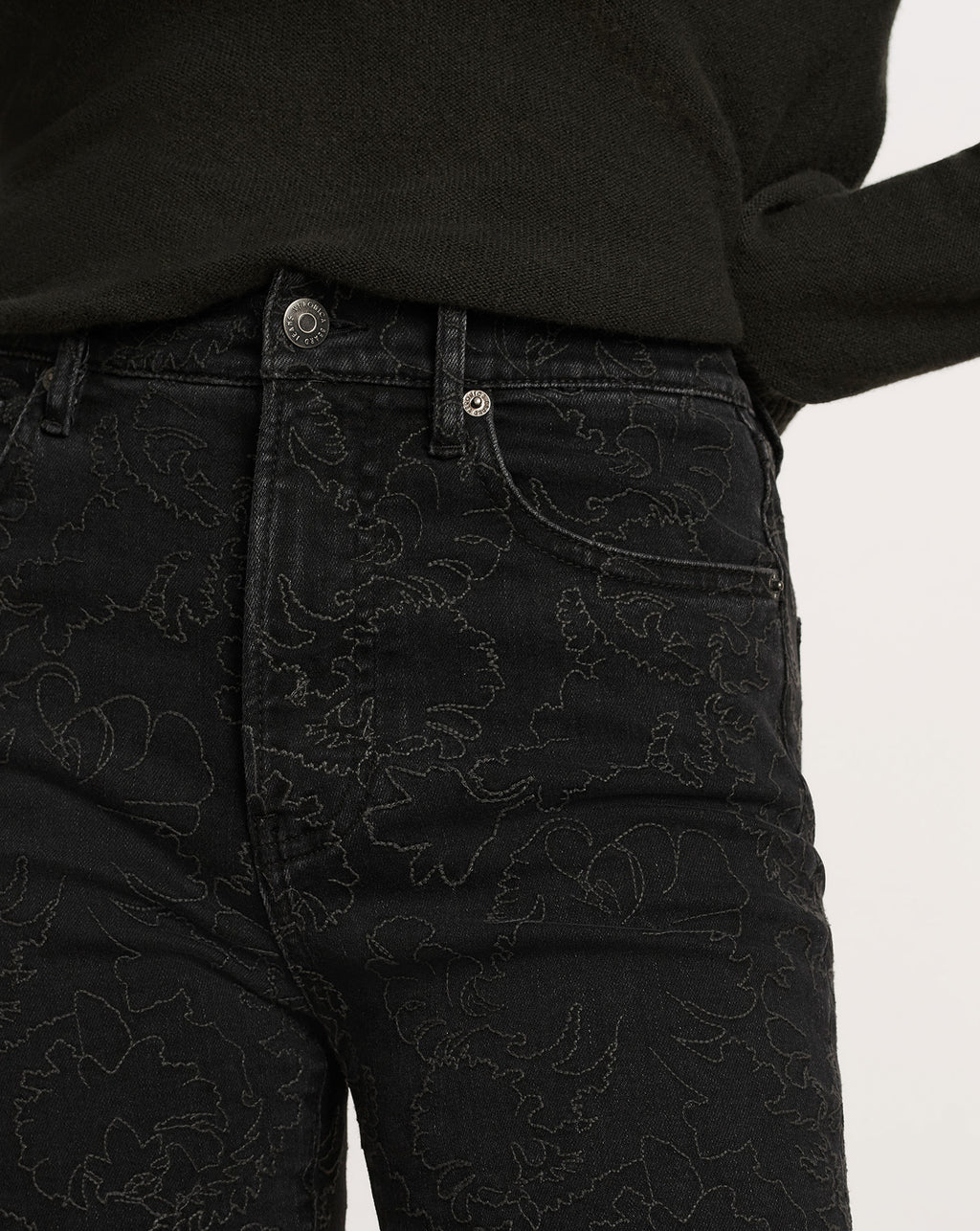 Veronica Beard Black embroidered floral high-rise denim jeans.