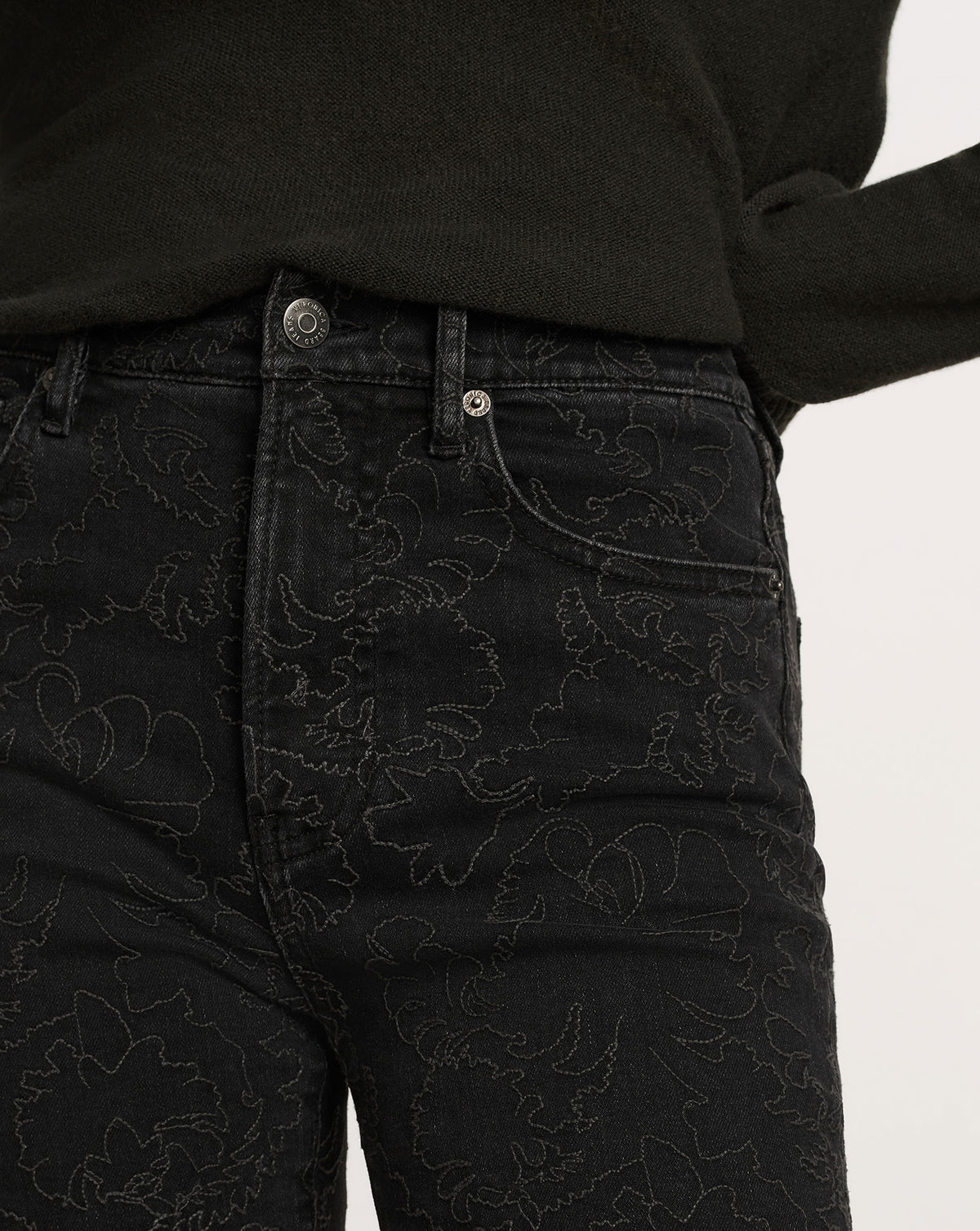 Veronica Beard Black embroidered floral high-rise denim jeans.