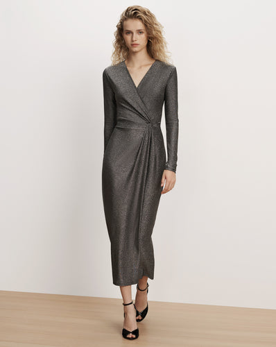 Veronica Beard Charcoal glitter midi wrap dress, long sleeves.