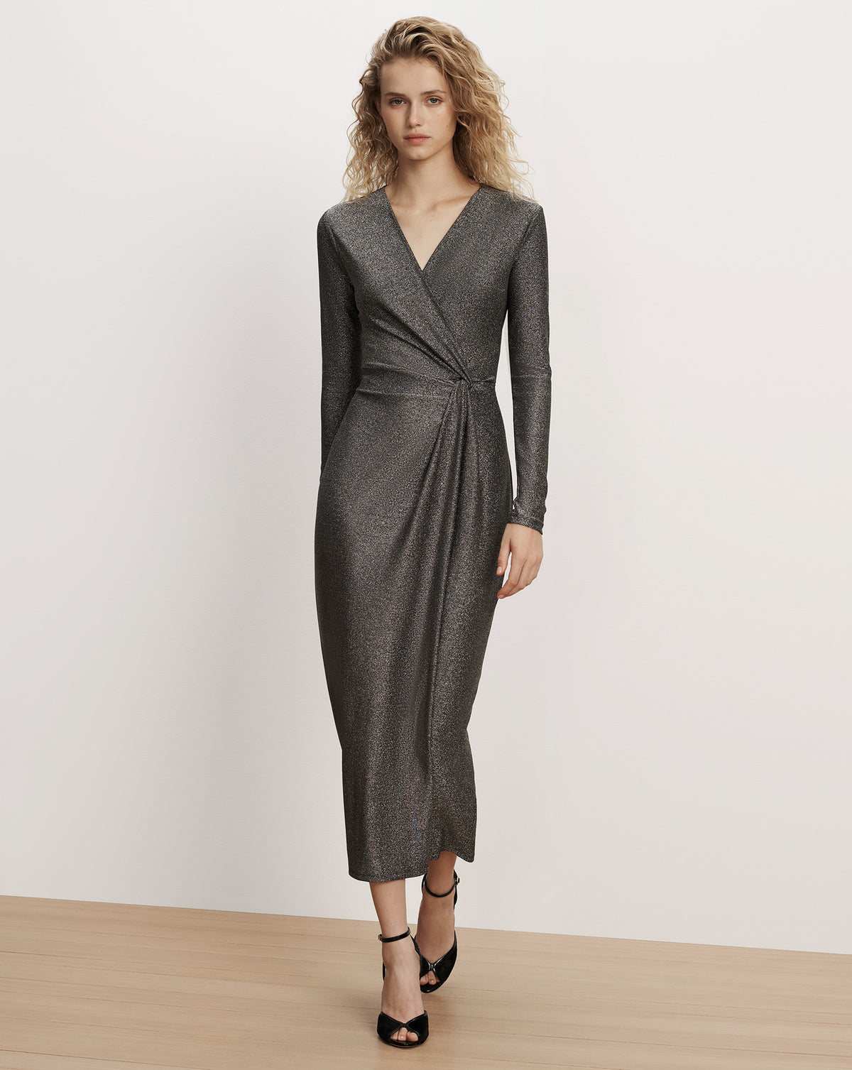 Veronica Beard Charcoal glitter midi wrap dress, long sleeves.