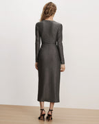 Veronica Beard Dark grey metallic midi dress, long sleeves, wrap silhouette.