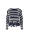 Veronica Beard Blue and white striped long-sleeve lace-hem top.