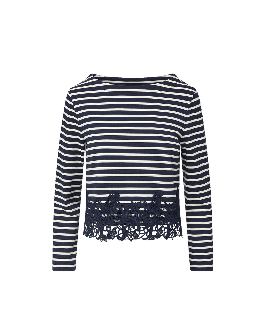 Veronica Beard Blue and white striped long-sleeve lace-hem top.