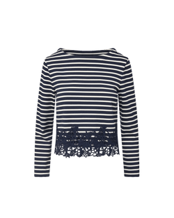 Veronica Beard Blue and white striped long-sleeve lace-hem top.