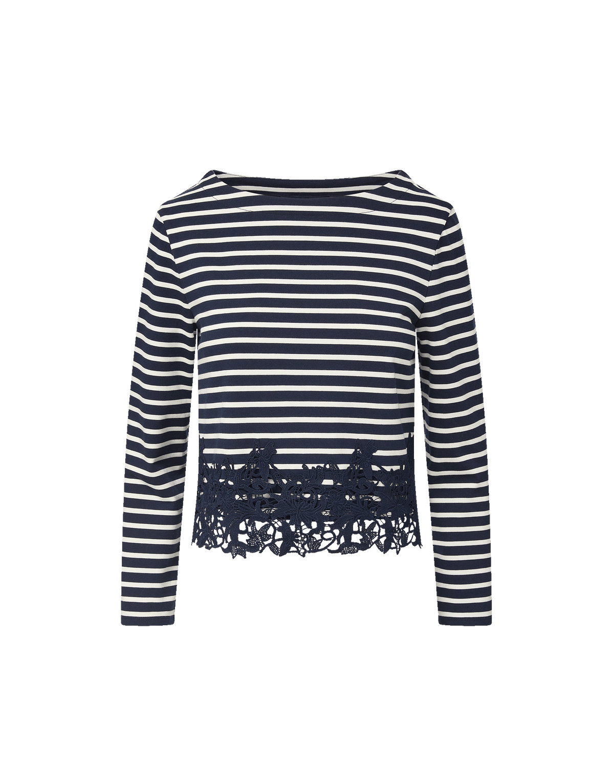 Veronica Beard Blue and white striped long-sleeve lace-hem top.