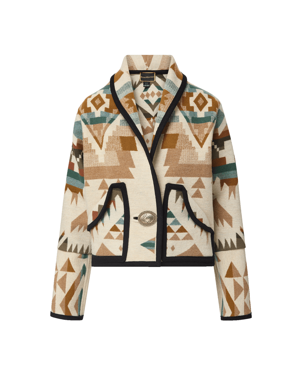 Veronica Beard Beige patterned knit jacket with black trim.
