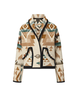 Veronica Beard Beige patterned knit jacket with black trim.