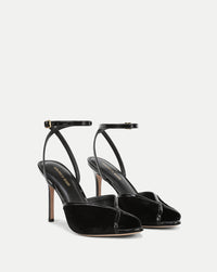 Veronica Beard Black patent leather and velvet heeled sandals.