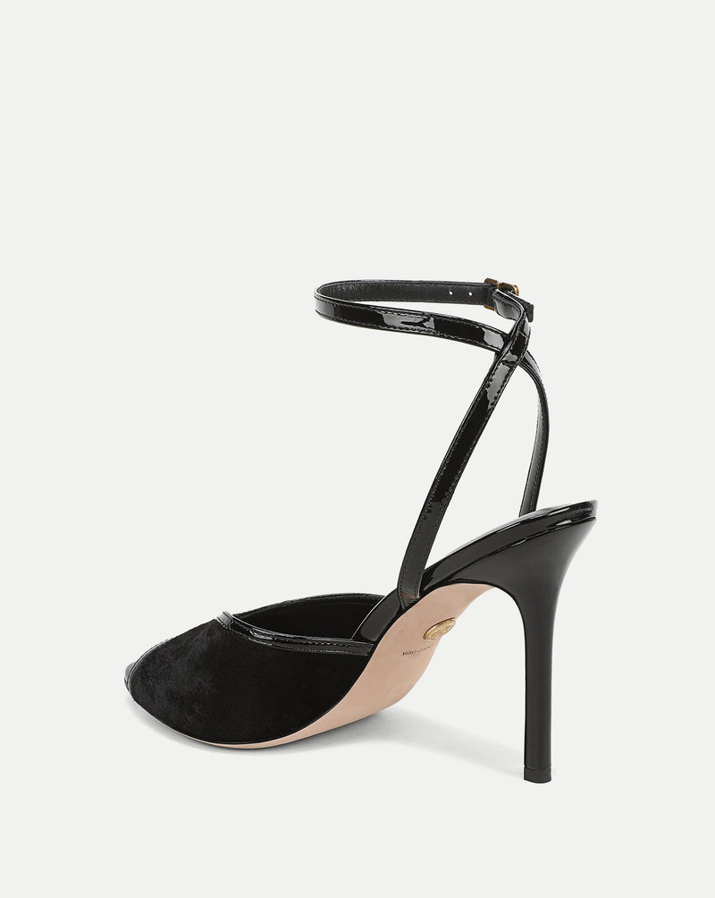Veronica Beard Black patent leather stiletto ankle-strap heel.