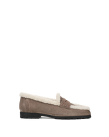 Veronica Beard Brown suede loafer with white shearling lining.
