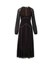 A black long-sleeve maxi dress with sheer mesh sleeves and intricate gold and red embroidered details on the bodice and skirt, shown against a plain white background.