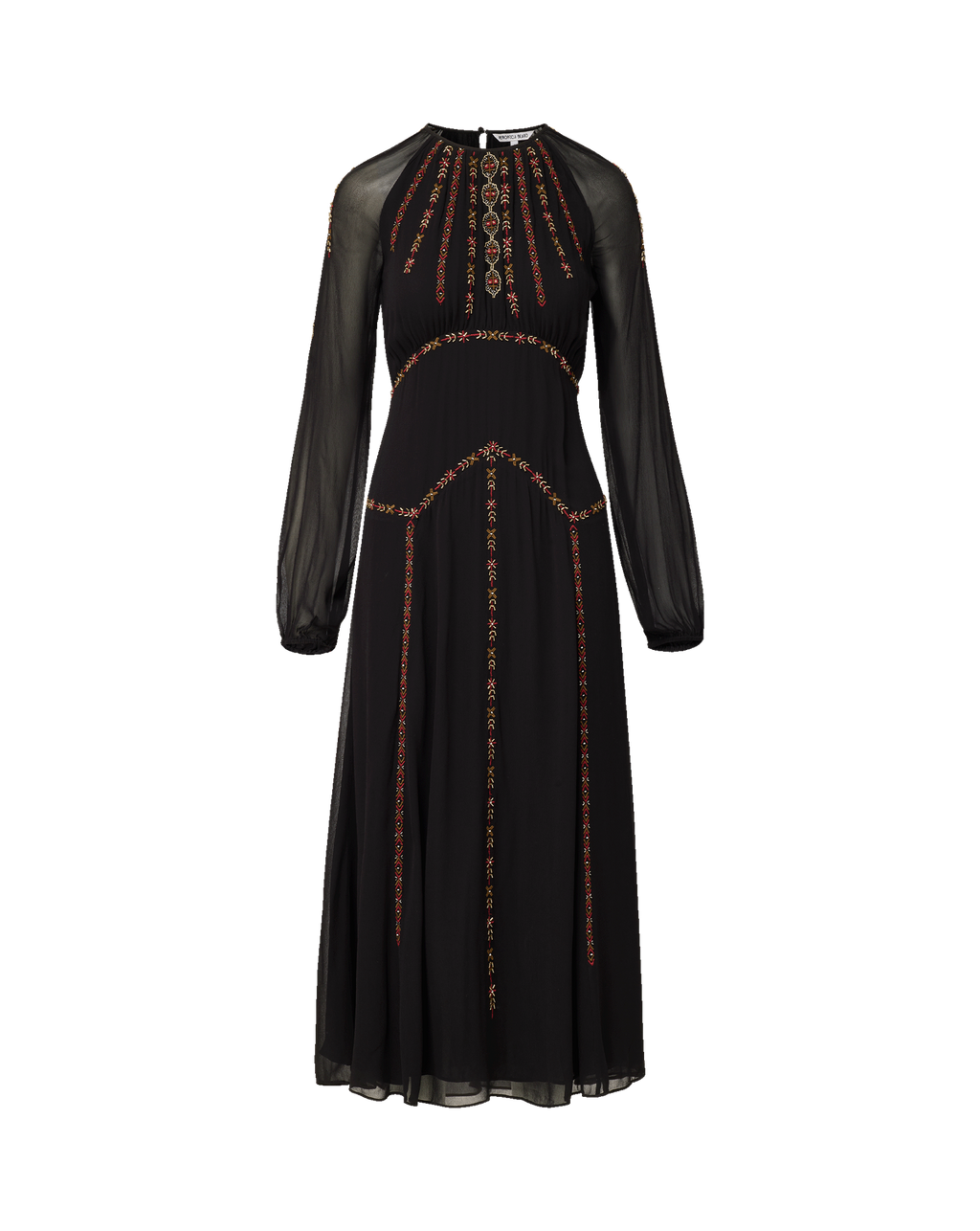 A black long-sleeve maxi dress with sheer mesh sleeves and intricate gold and red embroidered details on the bodice and skirt, shown against a plain white background.