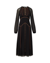 A black long-sleeve maxi dress with sheer mesh sleeves and intricate gold and red embroidered details on the bodice and skirt, shown against a plain white background.