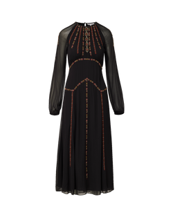A black long-sleeve maxi dress with sheer mesh sleeves and intricate gold and red embroidered details on the bodice and skirt, shown against a plain white background.