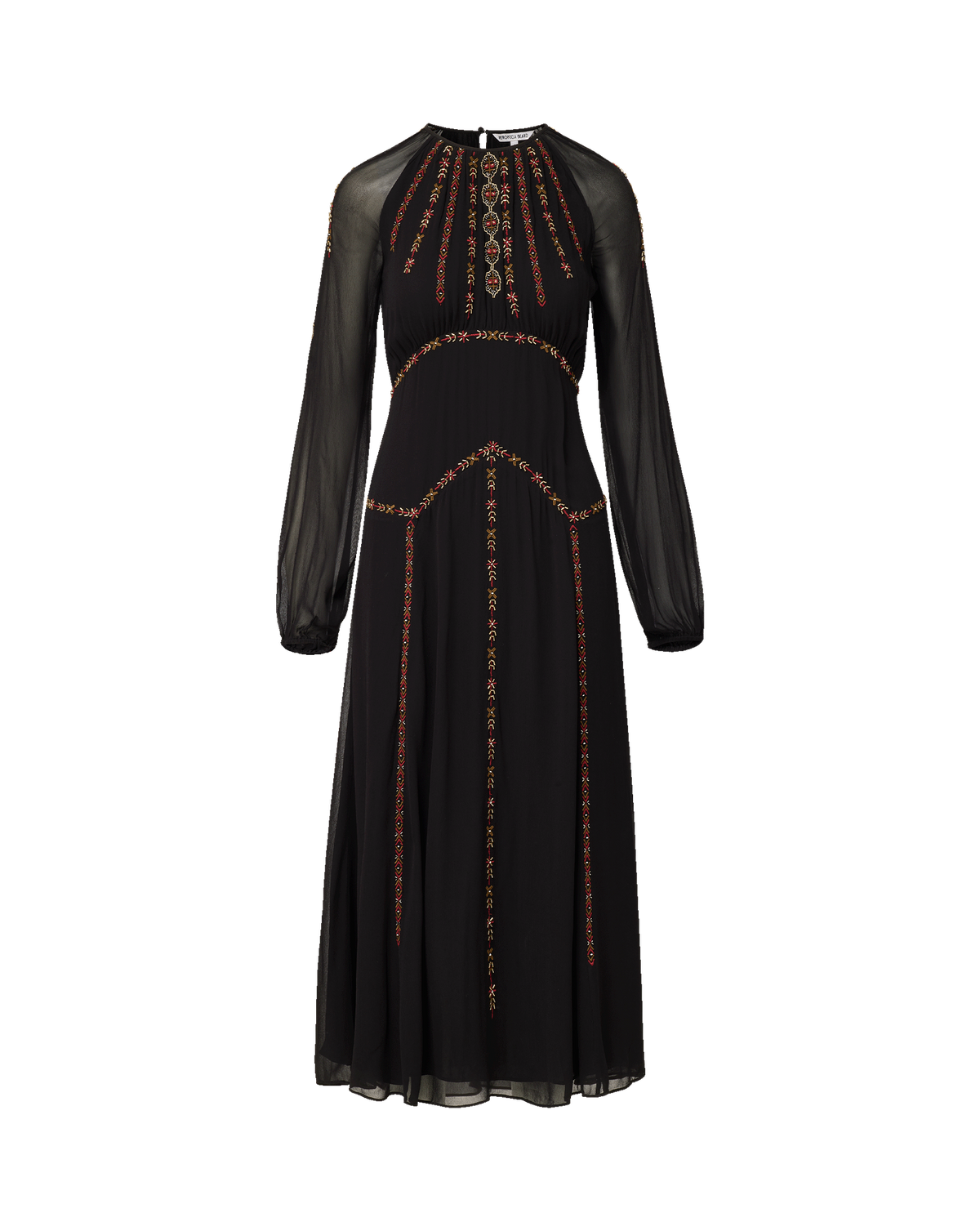 A black long-sleeve maxi dress with sheer mesh sleeves and intricate gold and red embroidered details on the bodice and skirt, shown against a plain white background.