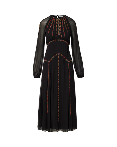 A black long-sleeve maxi dress with sheer mesh sleeves and intricate gold and red embroidered details on the bodice and skirt, shown against a plain white background.