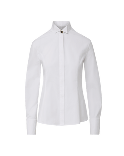 Veronica Beard White cotton button-up shirt with gold top button.
