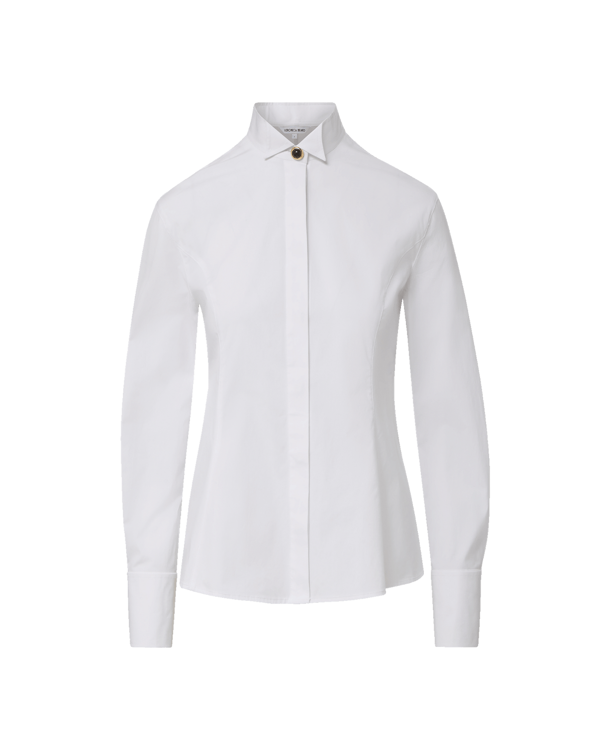 Veronica Beard White cotton button-up shirt with gold top button.