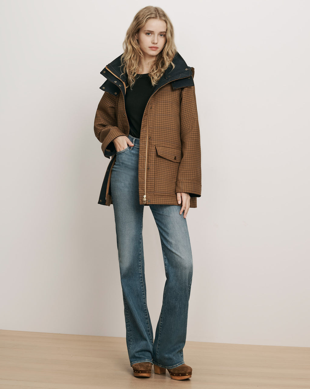 Veronica Beard Brown plaid hooded parka coat.
