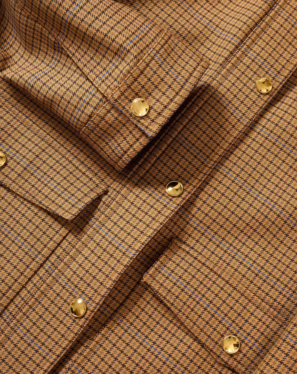 Veronica Beard Brown houndstooth flannel overshirt with gold snap buttons.