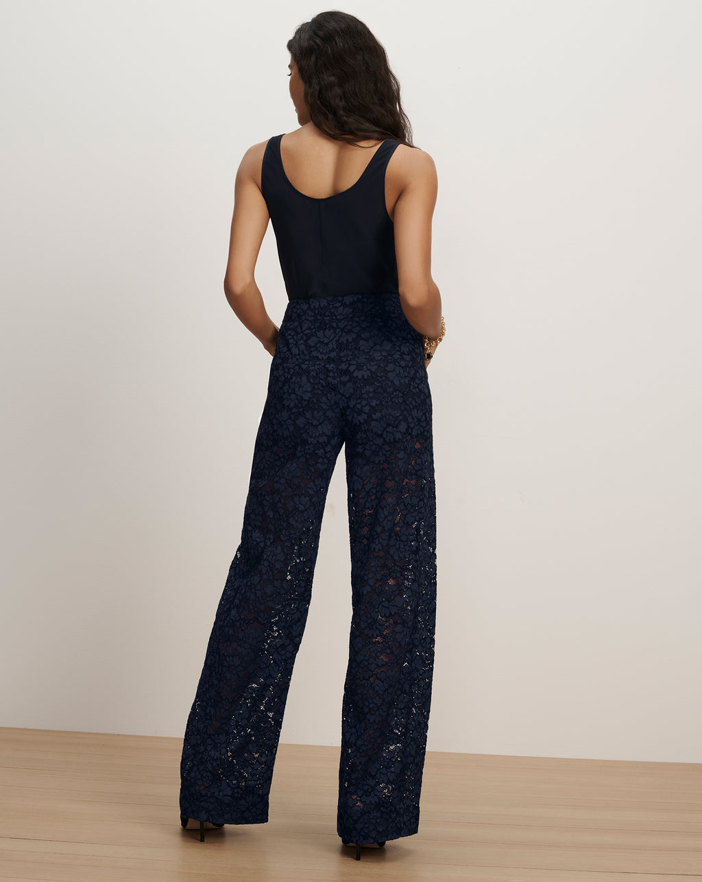 Veronica Beard Navy blue lace wide leg trousers.