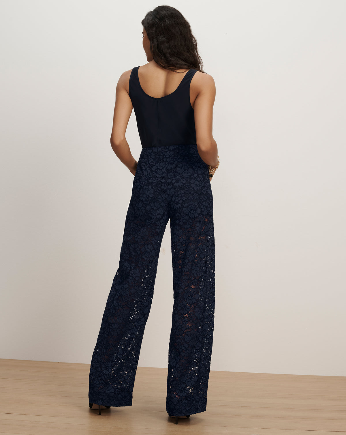 Veronica Beard Navy blue lace wide leg trousers.