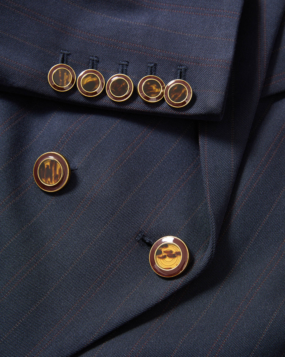 Veronica Beard Blue pinstripe double-breasted wool suit jacket with tortoiseshell buttons.