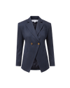 Veronica Beard Navy pinstripe double-breasted blazer with gold buttons.