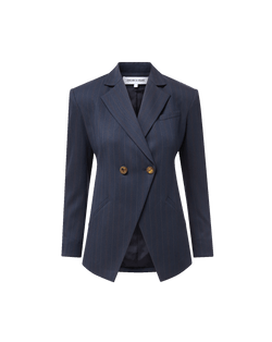 Veronica Beard Navy pinstripe double-breasted blazer with gold buttons.