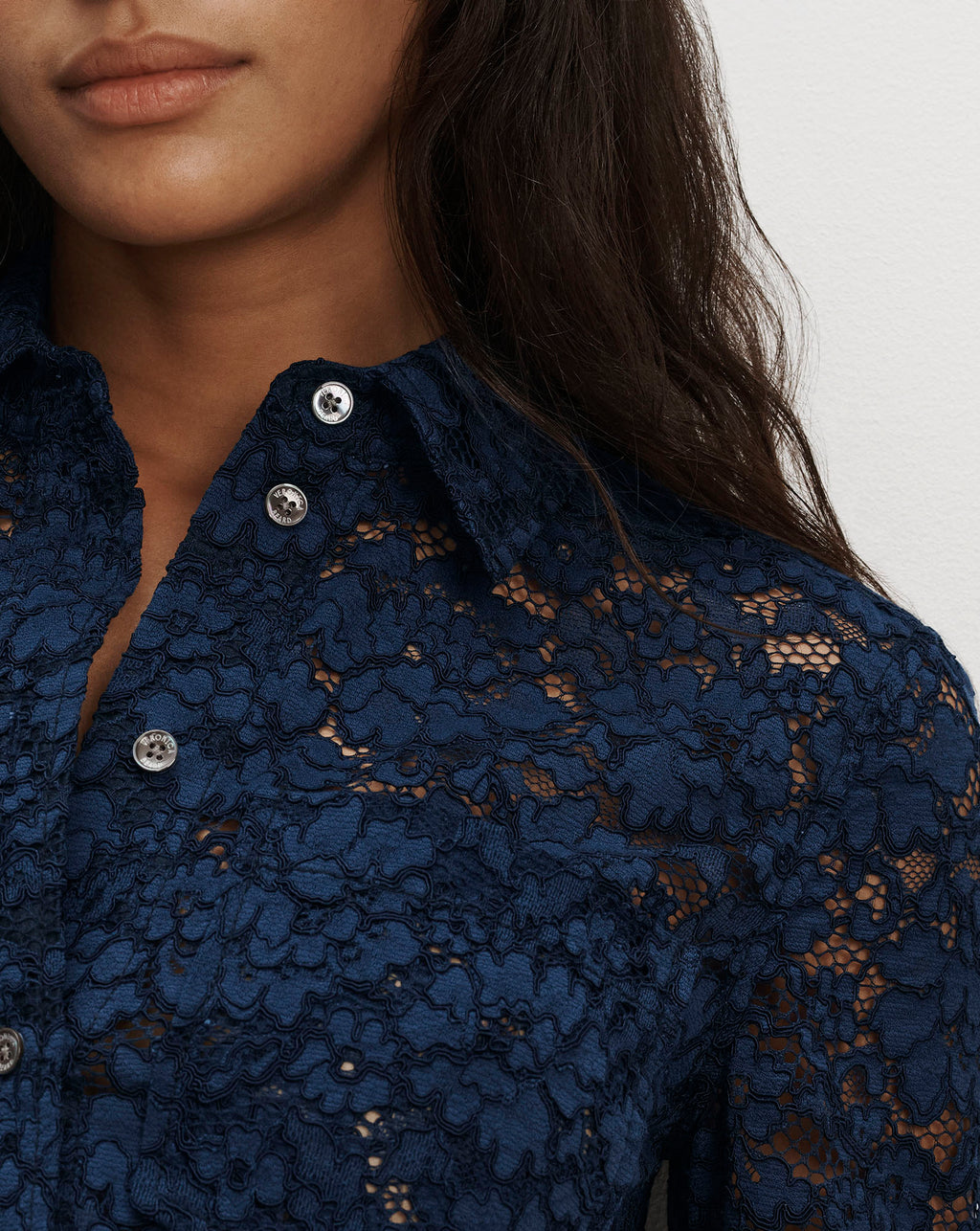 Veronica Beard Dark blue lace button-down shirt.