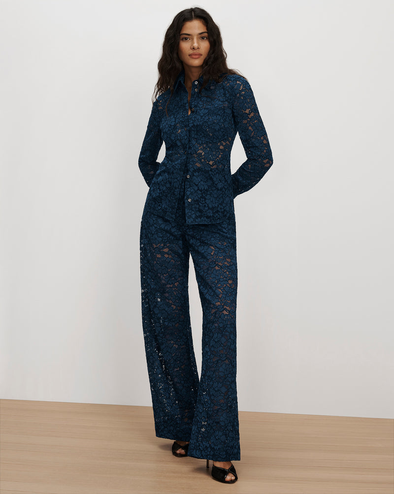 Veronica Beard Dark blue lace button-down shirt and trousers.