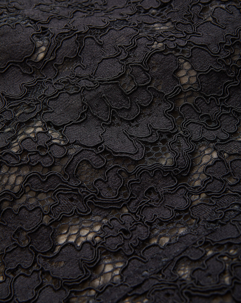Veronica Beard Black lace fabric with intricate floral patterns.