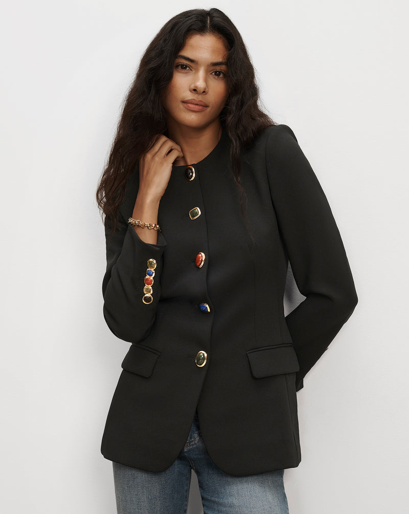 Veronica Beard Black jacket with multicolored gem buttons.
