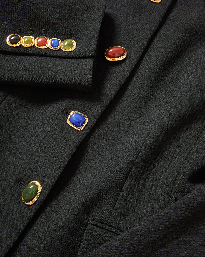 Veronica Beard Black blazer with colorful gemstone buttons.