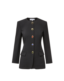 Veronica Beard Black blazer with multi-colored jewel buttons.