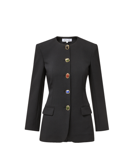 Veronica Beard Black jacket with multicolored gem buttons.