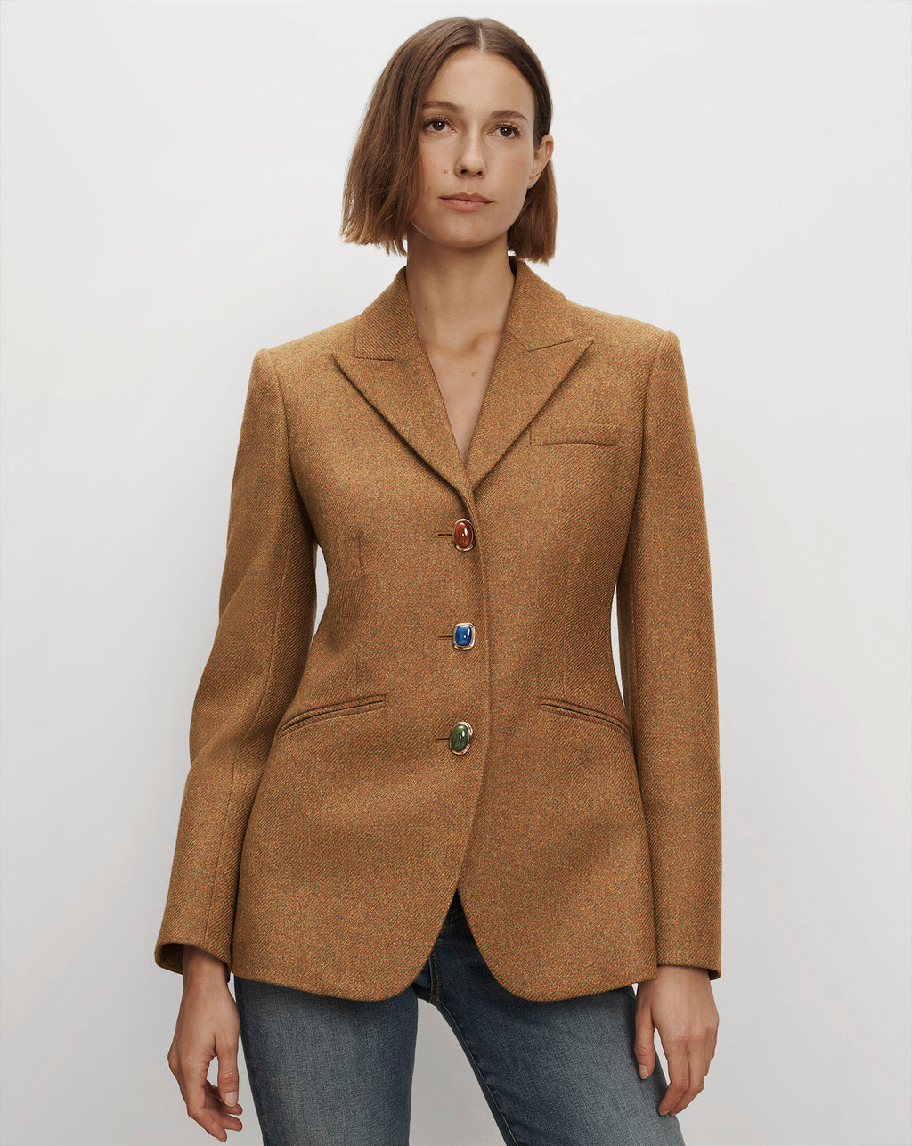 Veronica Beard Brown tweed blazer with colorful gemstone buttons.