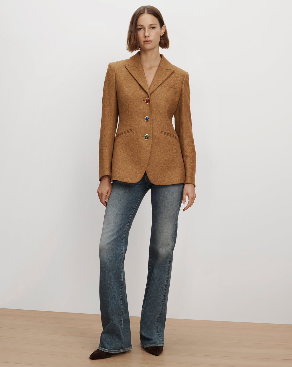Veronica Beard Brown tailored blazer with colorful gemstone buttons.