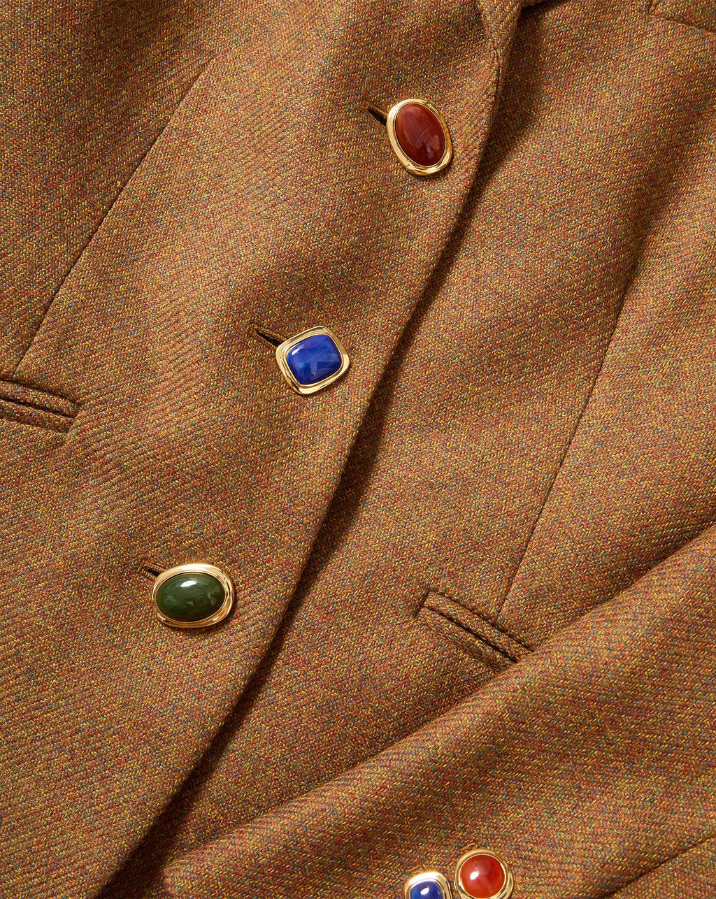 Veronica Beard Brown tweed blazer with colorful jewel buttons.