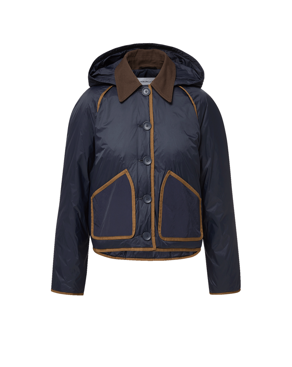 Veronica Beard Navy quilted jacket with brown corduroy trim.