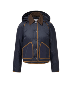 Veronica Beard Navy quilted jacket with brown corduroy trim.