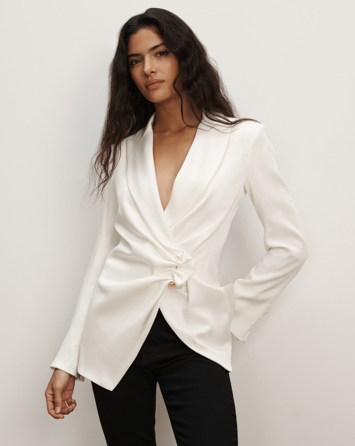 Veronica Beard White satin blazer with twisted knot detail.