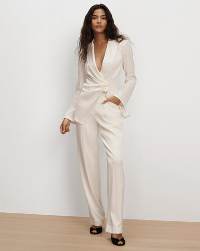 Veronica Beard White satin wrap blazer and trousers set.