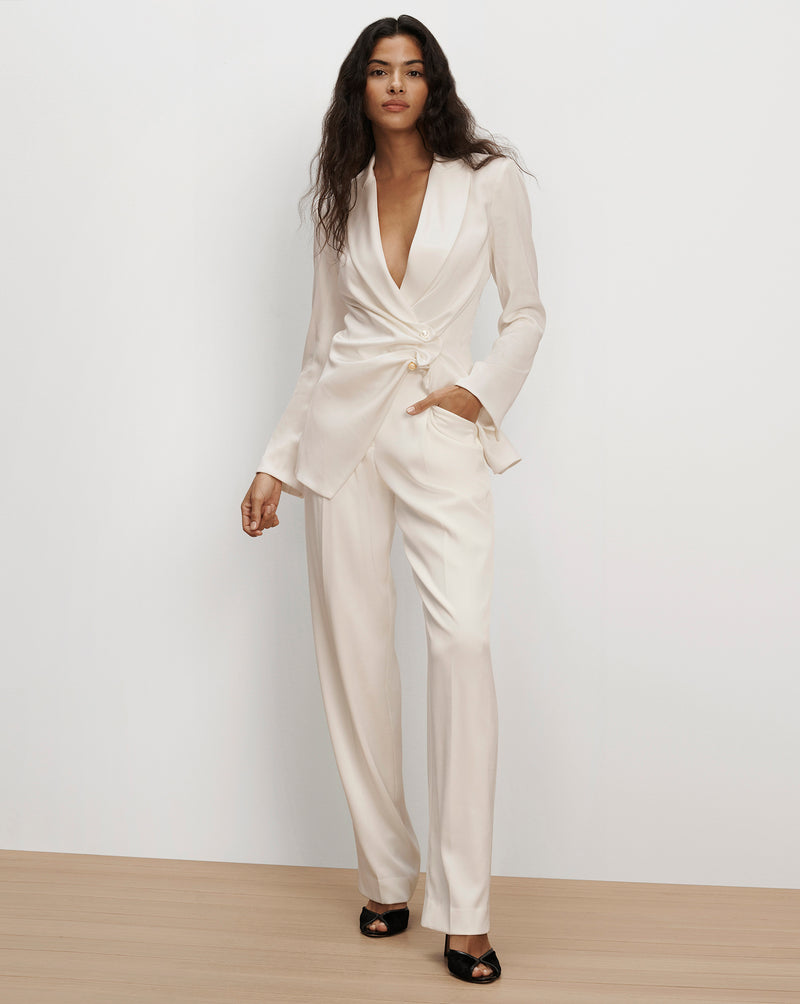 Veronica Beard White satin wrap blazer and trousers set.