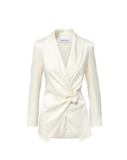 Veronica Beard White satin blazer with draped button detail.