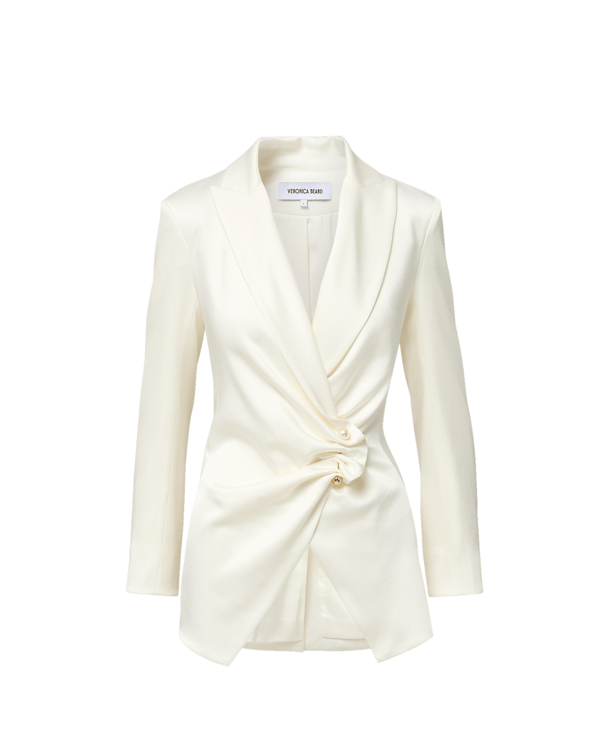 Veronica Beard White satin blazer with draped button detail.