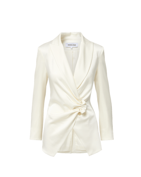Veronica Beard White satin wrap blazer and trousers set.